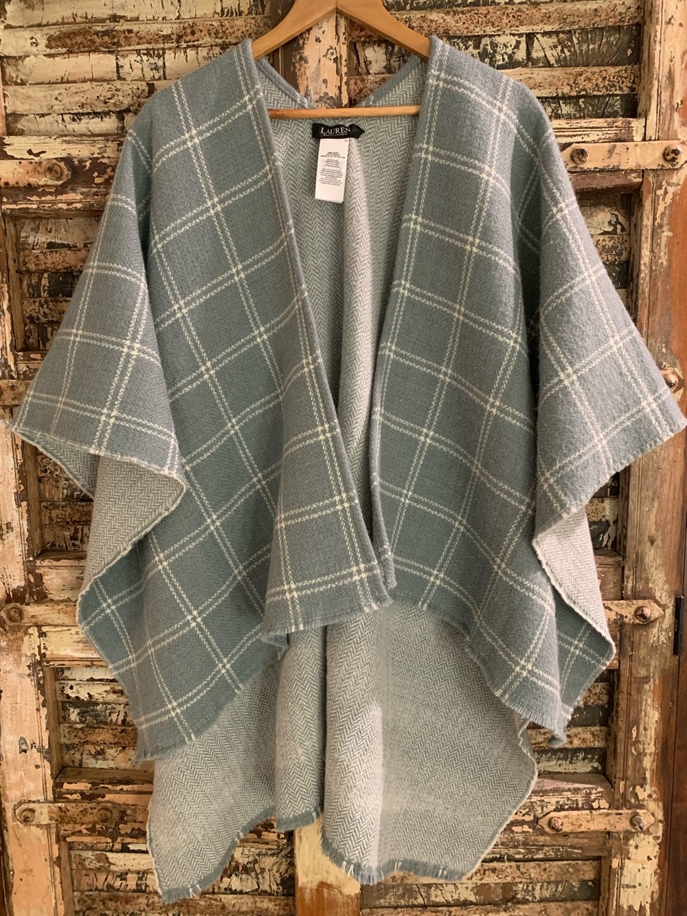 Lauren Ralph Lauren Windowpane Herringbone Reversible Ruana Poncho Cape Wrap, OS